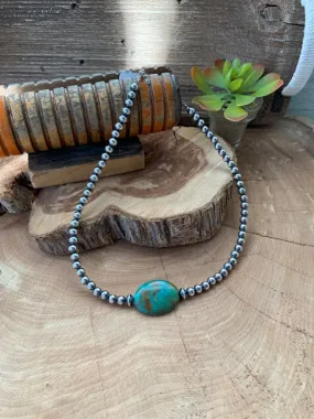 Handmade Sterling Silver Pearls 16" Necklace with Oval Turquoise Stone
