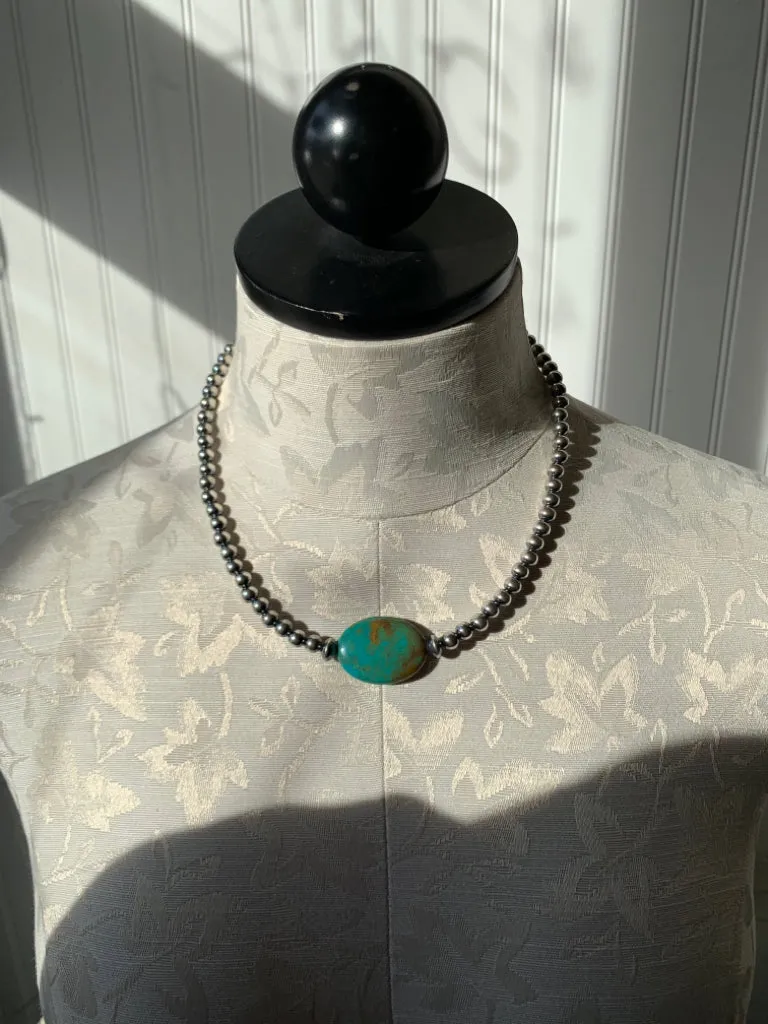Handmade Sterling Silver Pearls 16" Necklace with Oval Turquoise Stone