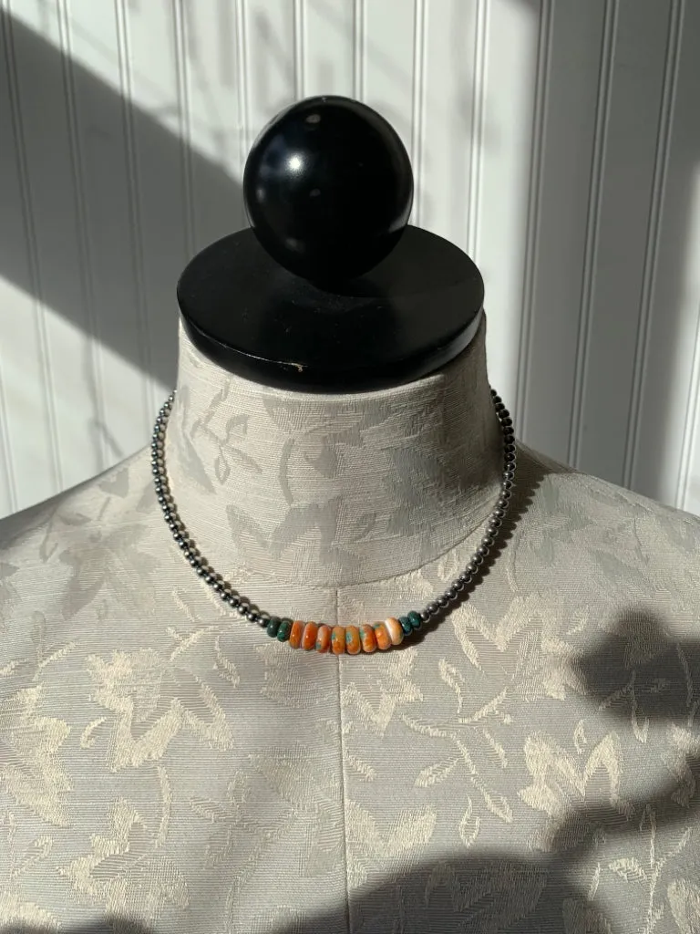 Handmade Sterling Silver Pearls, Spiny & Turquoise Necklace