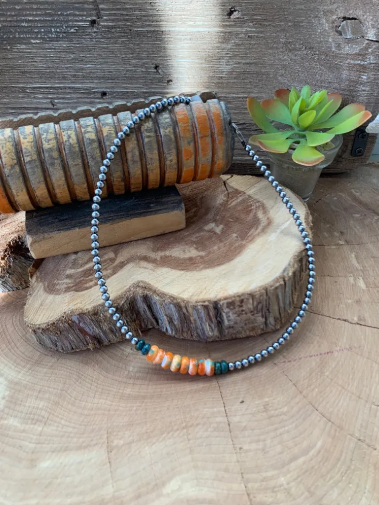 Handmade Sterling Silver Pearls, Spiny & Turquoise Necklace