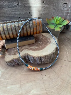 Handmade Sterling Silver Pearls, Spiny & Turquoise Necklace