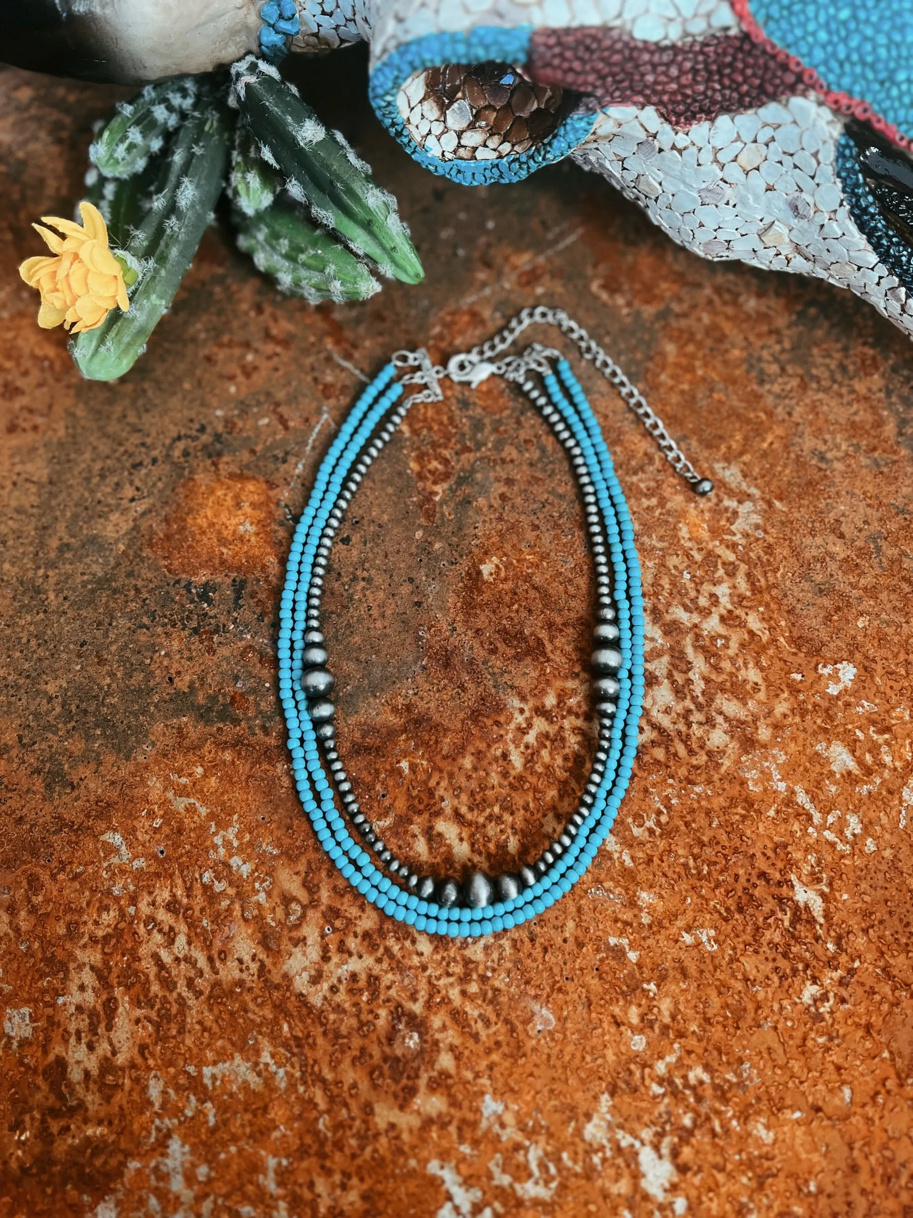 Handmade Triple Strand Navajo and Turquoise Bead Necklace