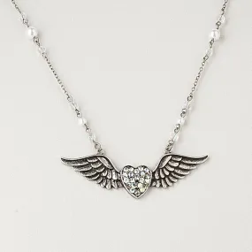 Heart with Wings Pendant on Extra Long Crystal Necklace Chain