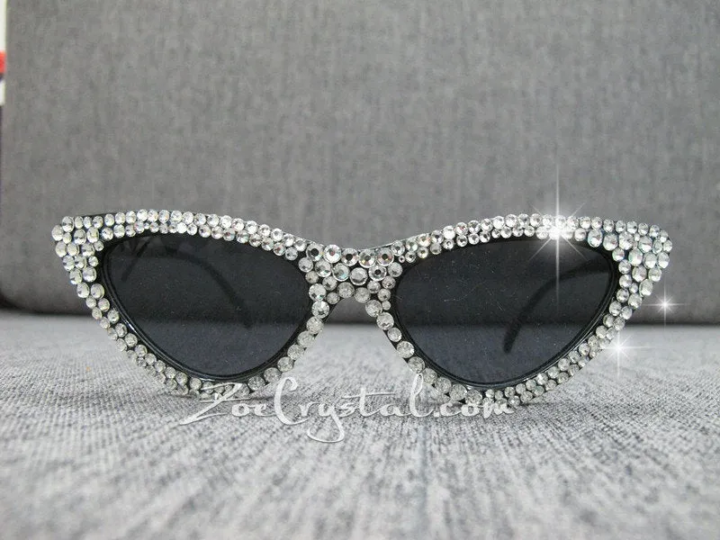HOLLYWOOD Fashionable Cat Eye Sunglasses / Shades / Sunnies w Clear White Bling Sparkly  Rhinestones Festival Rockabilly Retro Pin Up