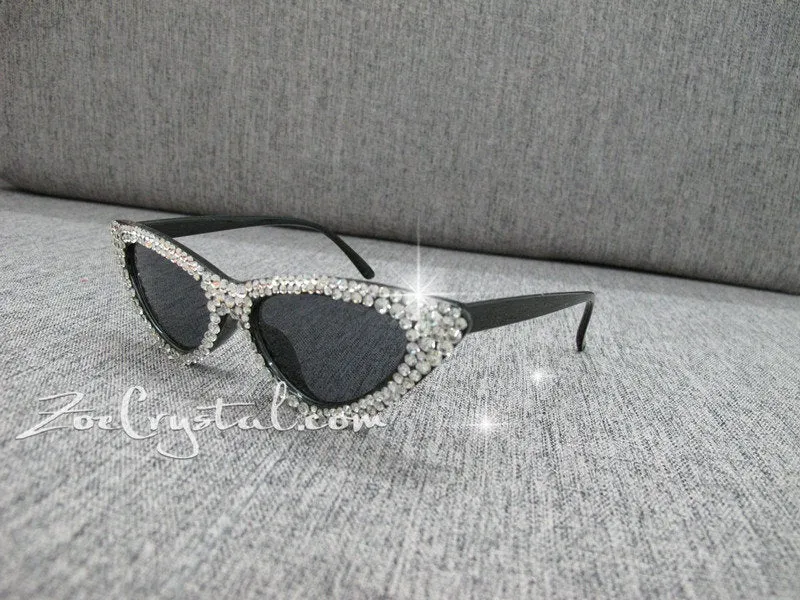 HOLLYWOOD Fashionable Cat Eye Sunglasses / Shades / Sunnies w Clear White Bling Sparkly  Rhinestones Festival Rockabilly Retro Pin Up