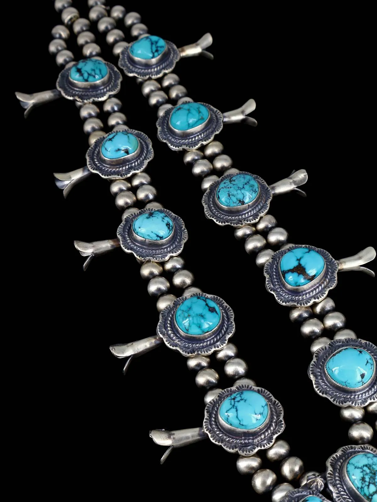 Ithaca Peak Turquoise Sterling Silver Squash Blossom Necklace Set