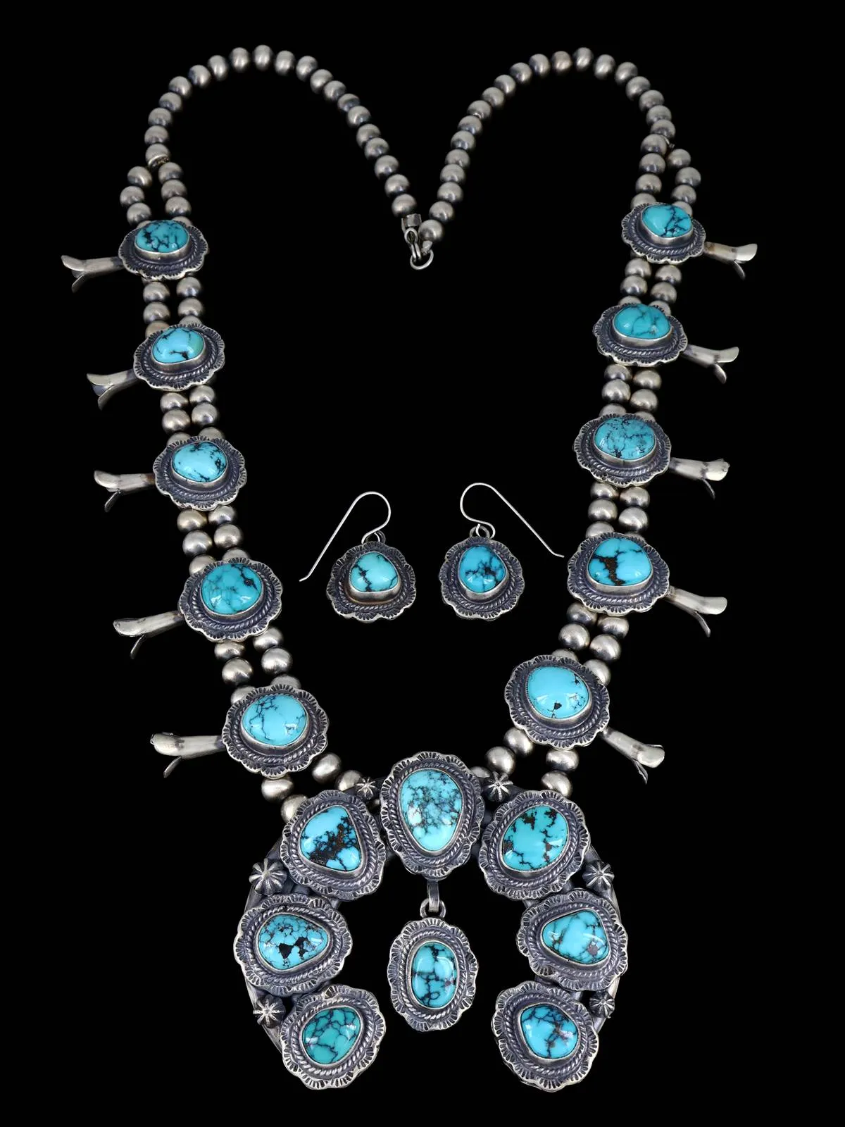 Ithaca Peak Turquoise Sterling Silver Squash Blossom Necklace Set