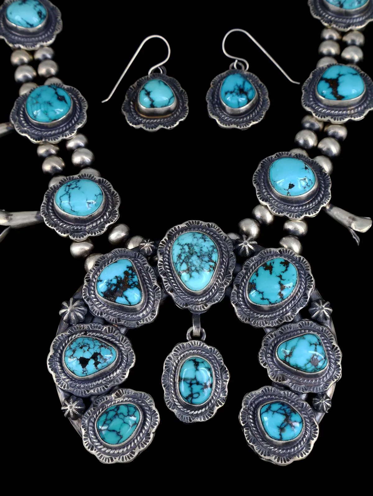 Ithaca Peak Turquoise Sterling Silver Squash Blossom Necklace Set