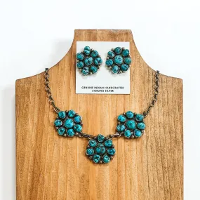 Kathleen Chavez | Navajo Handmade Sterling Silver & Kingman Turquoise Stone Flower Cluster Necklace   Matching Earrings