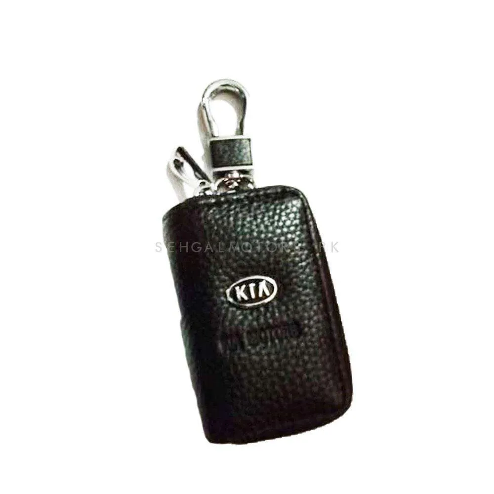 KIA Zipper Matte Leather Key Cover Pouch Black with Keychain Ring