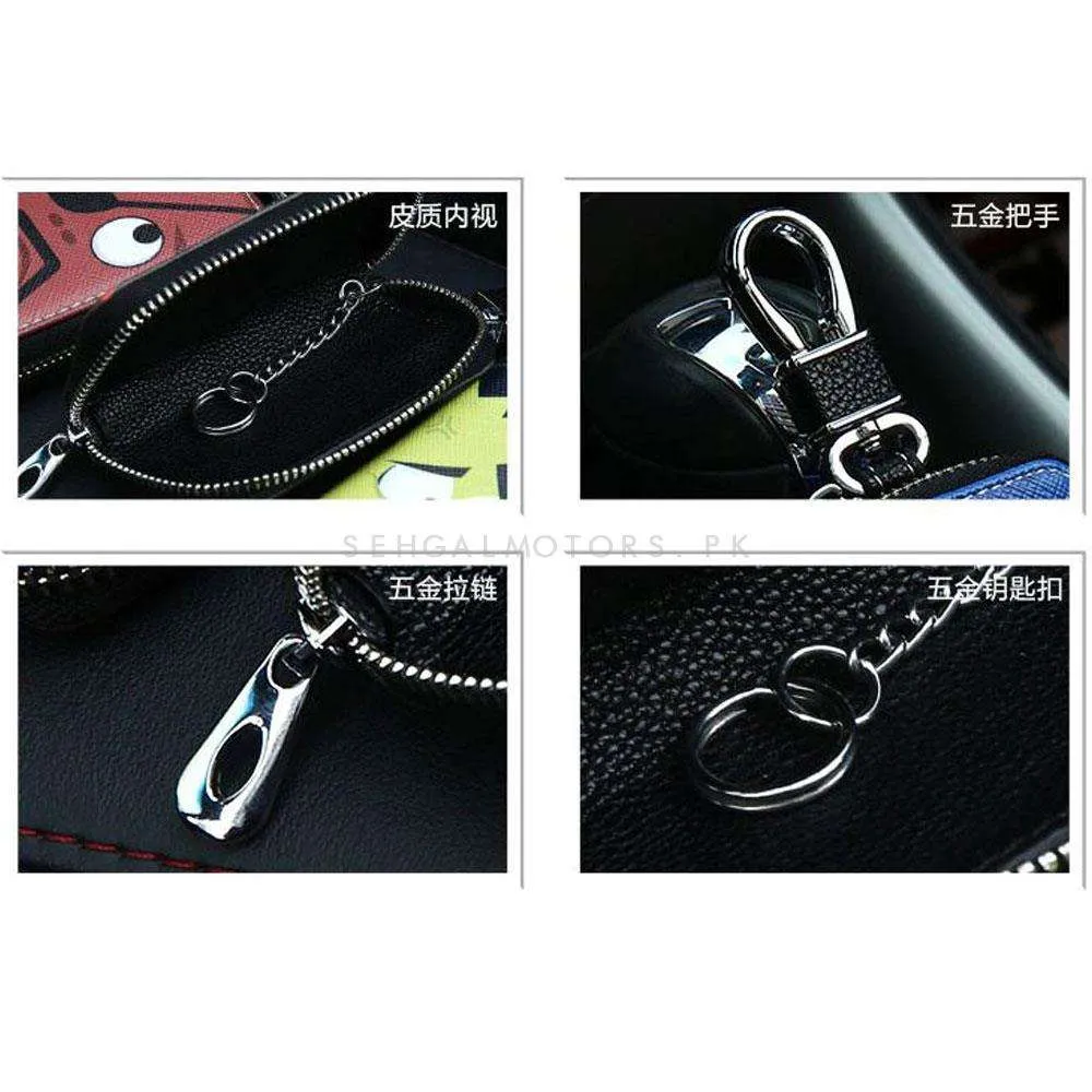 KIA Zipper Matte Leather Key Cover Pouch Black with Keychain Ring