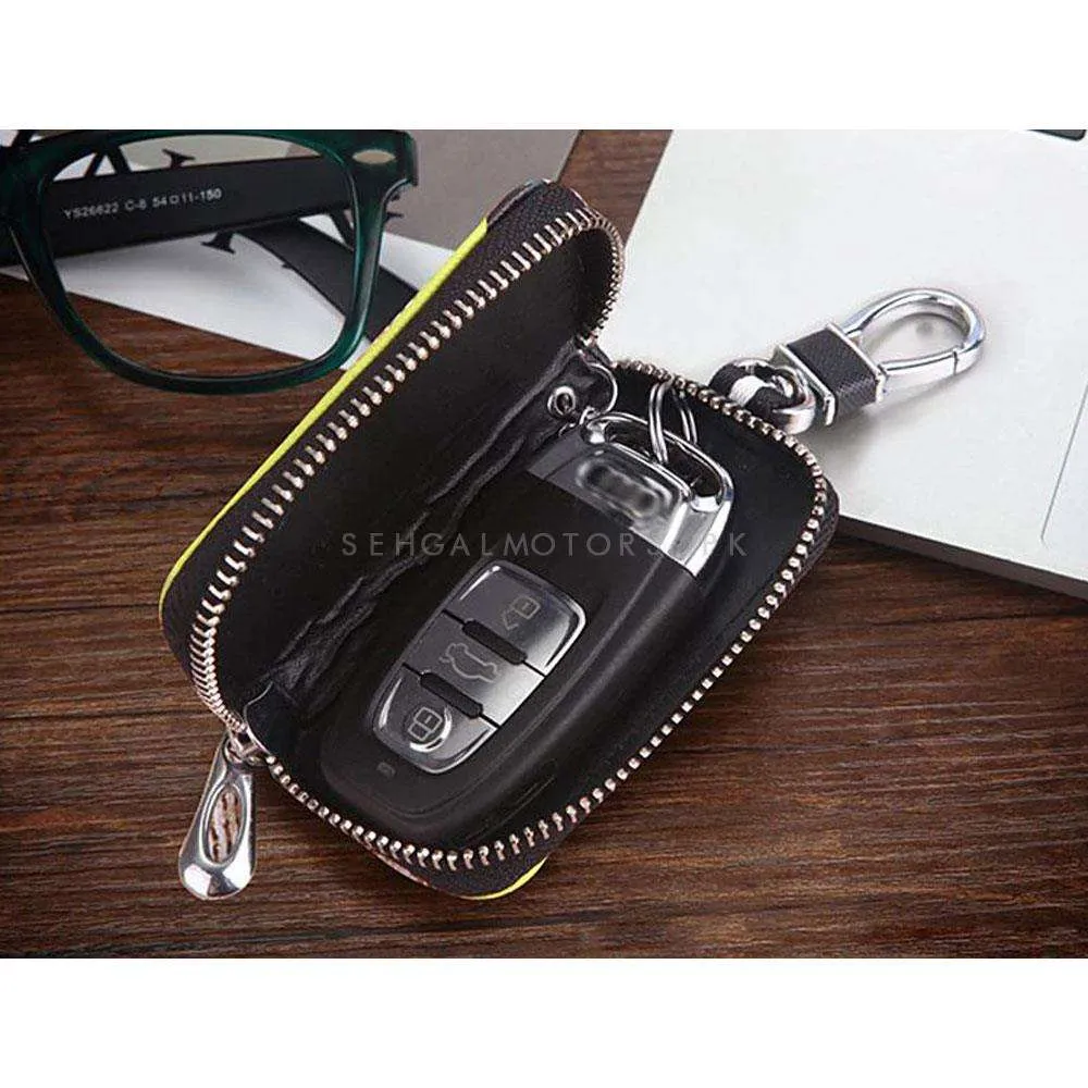 KIA Zipper Matte Leather Key Cover Pouch Black with Keychain Ring