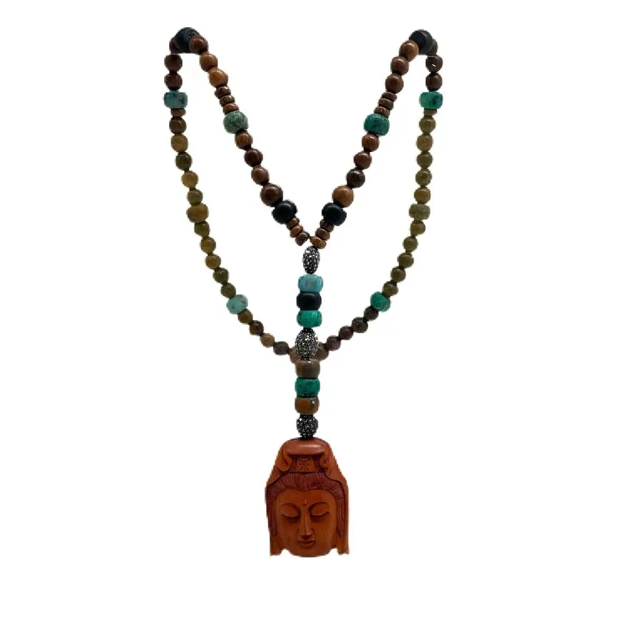 Lariat Style Wood Bead Turquoise Rhinestone Buddha Necklace