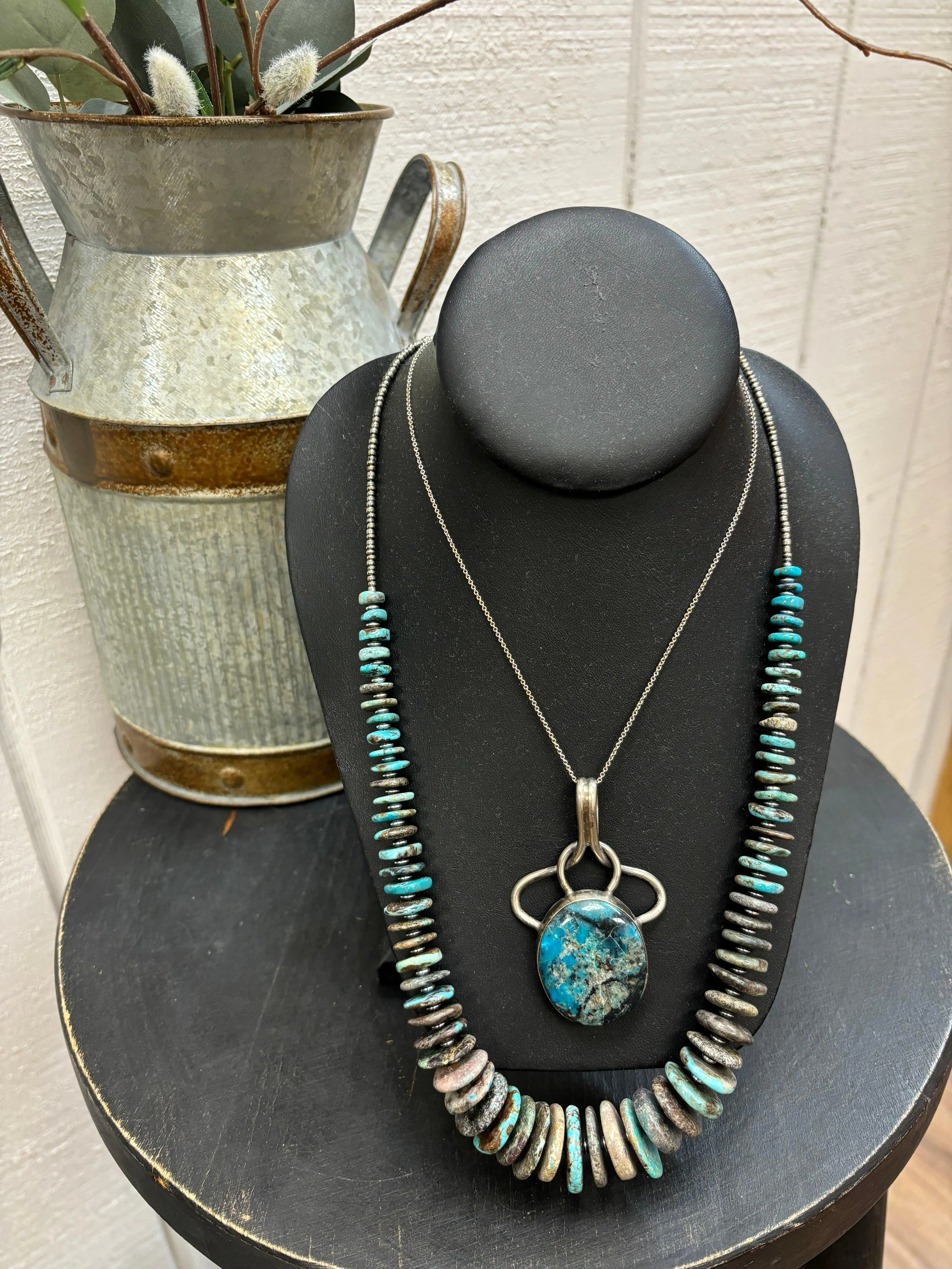 Lone Mountain Turquoise Navajo SS Necklace Pendant / Scarf Tie by Merle House