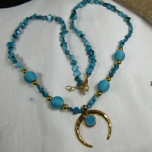 Long Turquoise Chip Necklace with  Gold Pendant