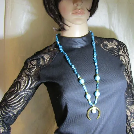 Long Turquoise Chip Necklace with  Gold Pendant