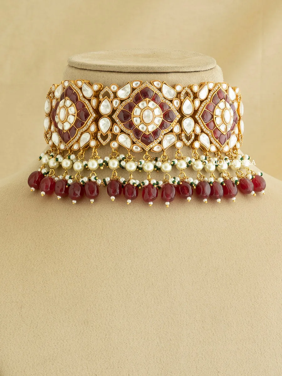 Maroon Color Gold Plated Faux Polki Necklace Set - PK-S60WP