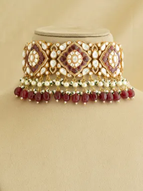 Maroon Color Gold Plated Faux Polki Necklace Set - PK-S60WP
