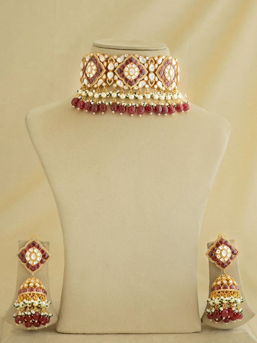 Maroon Color Gold Plated Faux Polki Necklace Set - PK-S60WP