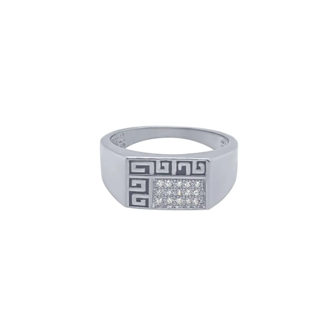 Men's Black Pattern Signet Ring with Cubic Zirconia in Sterling Silver