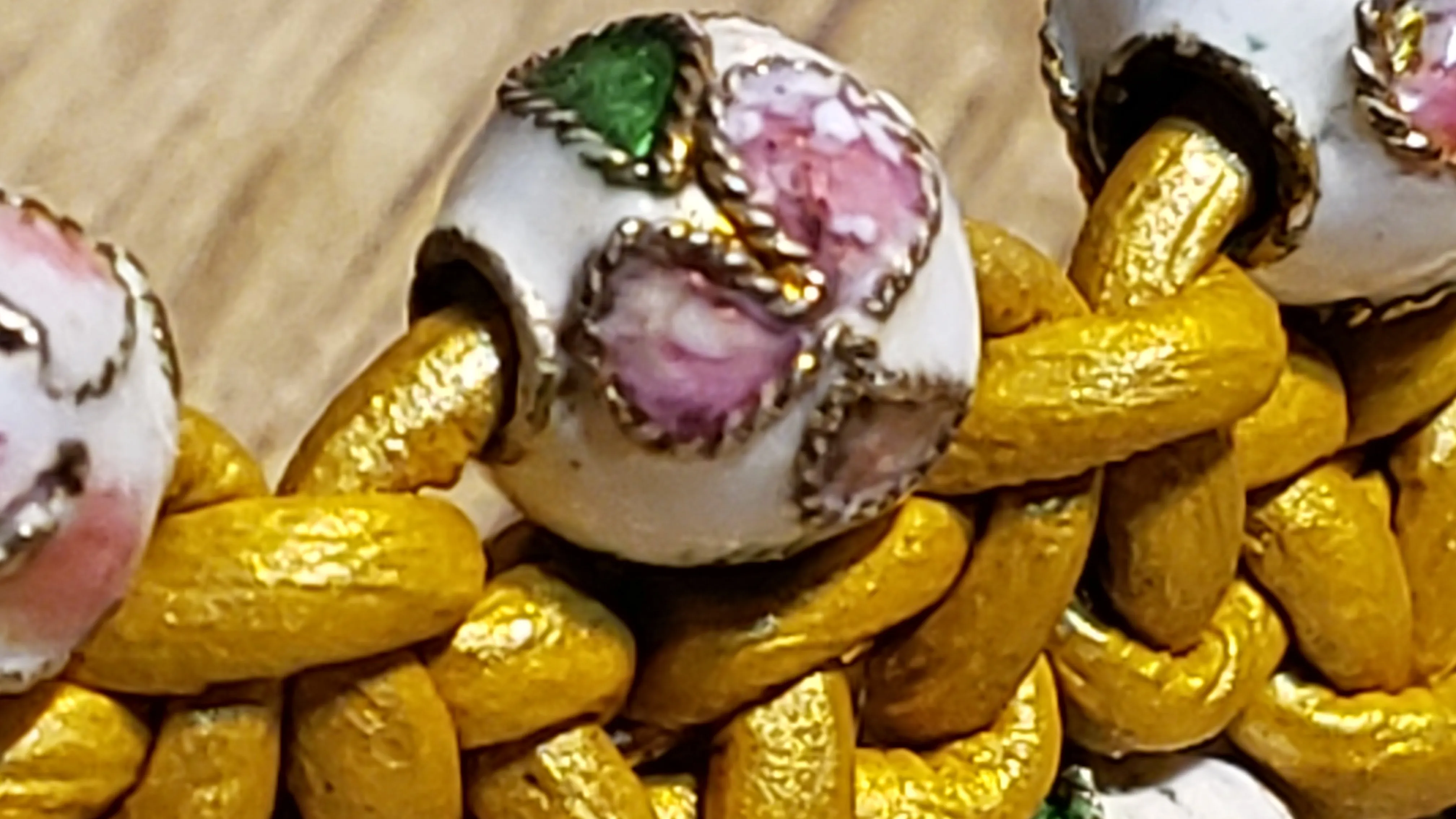 Metallic Gold Leather Bracelet with Enamel Beads, Adjustable up to 7.5" Gold Tone Non Tarnish Chain & Lobster Claw Clasp 
 