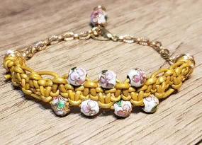 Metallic Gold Leather Bracelet with Enamel Beads, Adjustable up to 7.5" Gold Tone Non Tarnish Chain & Lobster Claw Clasp 
 