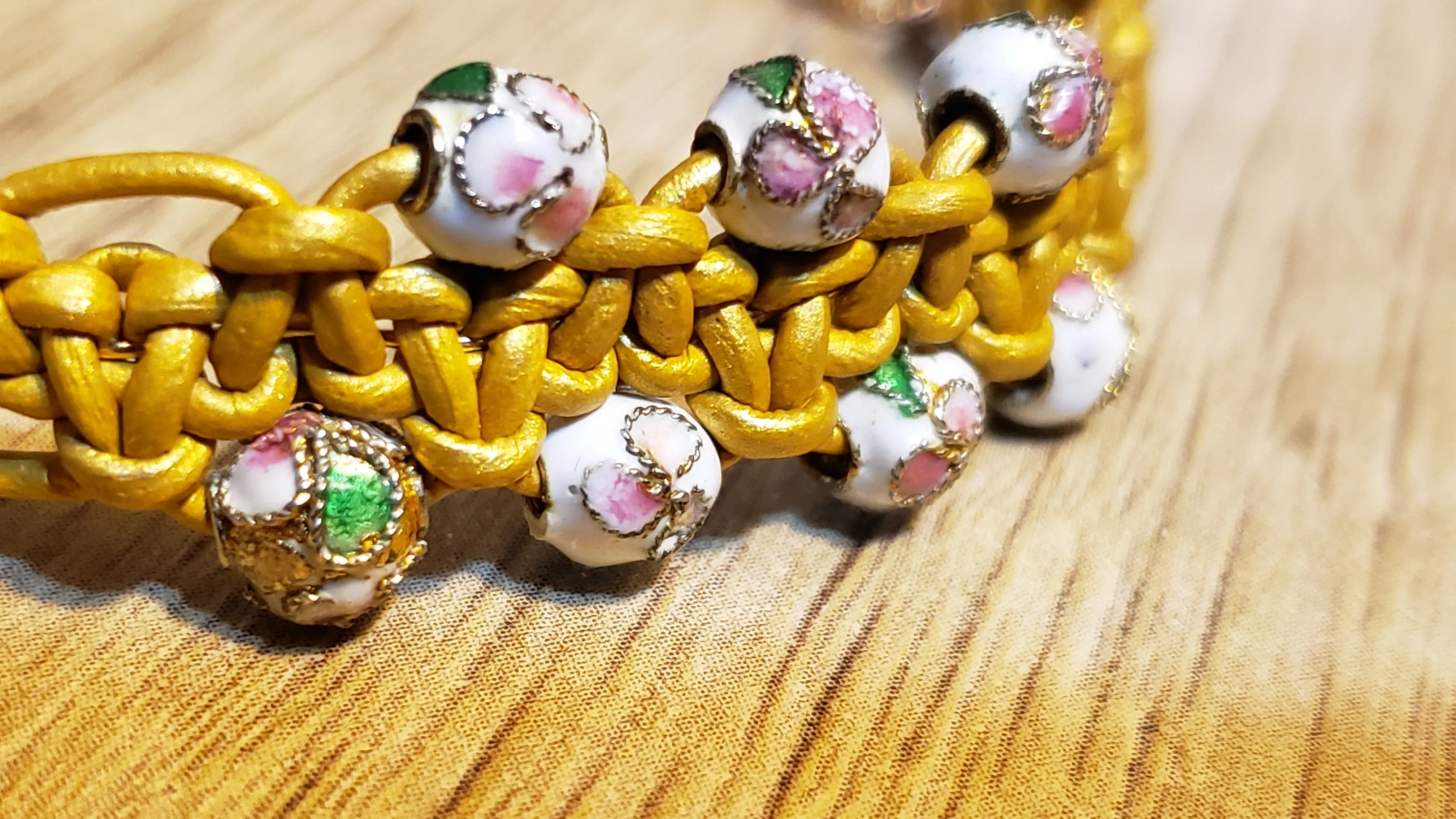 Metallic Gold Leather Bracelet with Enamel Beads, Adjustable up to 7.5" Gold Tone Non Tarnish Chain & Lobster Claw Clasp 
 