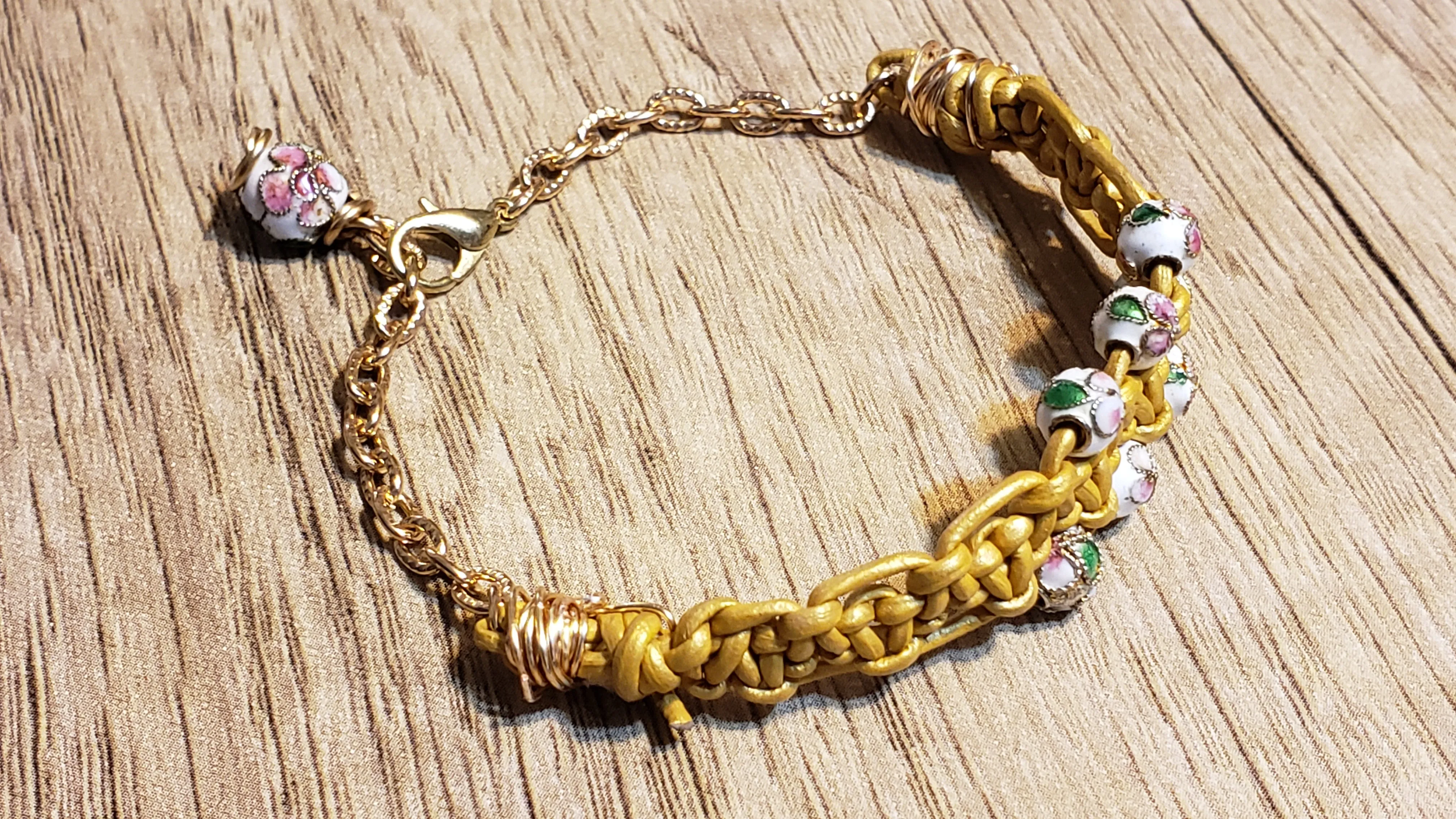 Metallic Gold Leather Bracelet with Enamel Beads, Adjustable up to 7.5" Gold Tone Non Tarnish Chain & Lobster Claw Clasp 
 