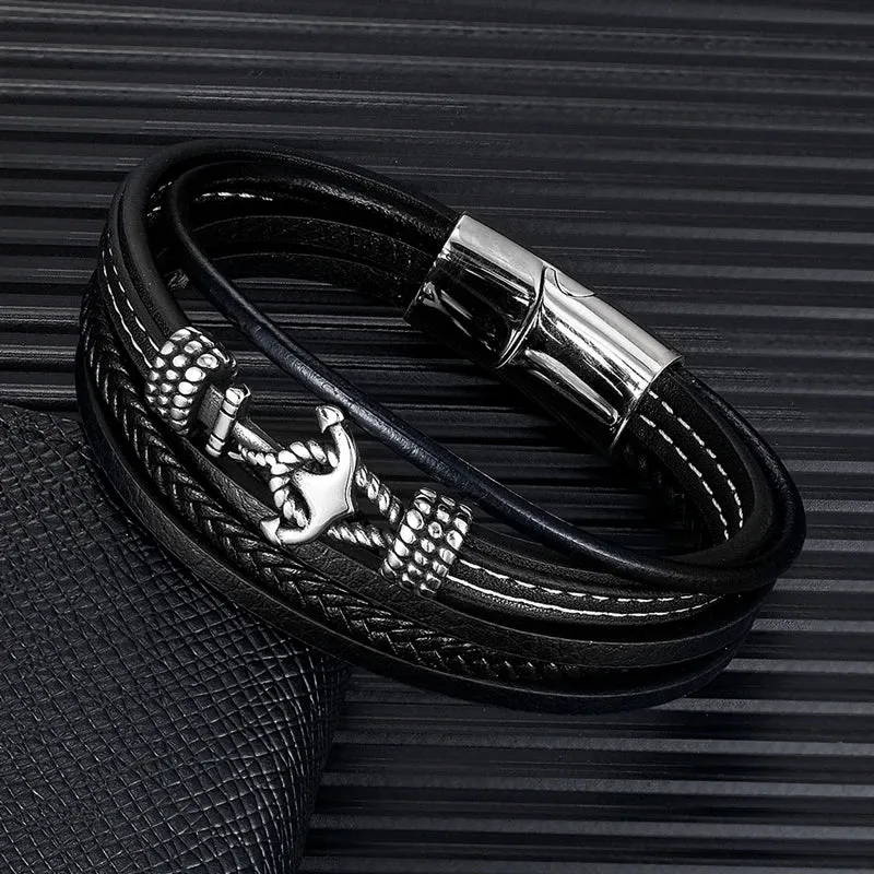 MKENDN Summer Navy Style Men Anchor Bracelet Handmade Woven Multilayer Leather Bracelets For Women Stainless Steel Sport Buckle