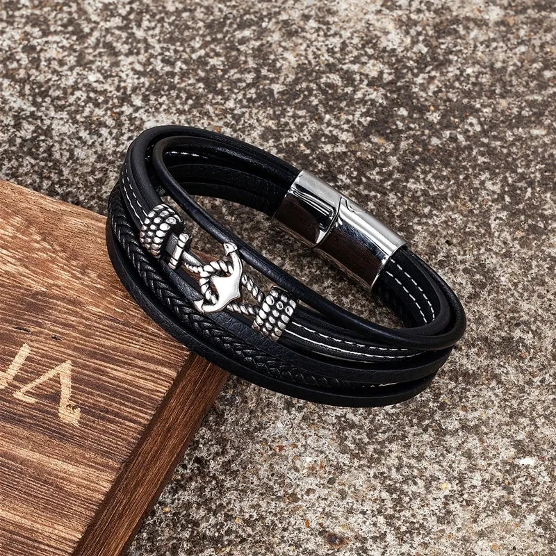 MKENDN Summer Navy Style Men Anchor Bracelet Handmade Woven Multilayer Leather Bracelets For Women Stainless Steel Sport Buckle