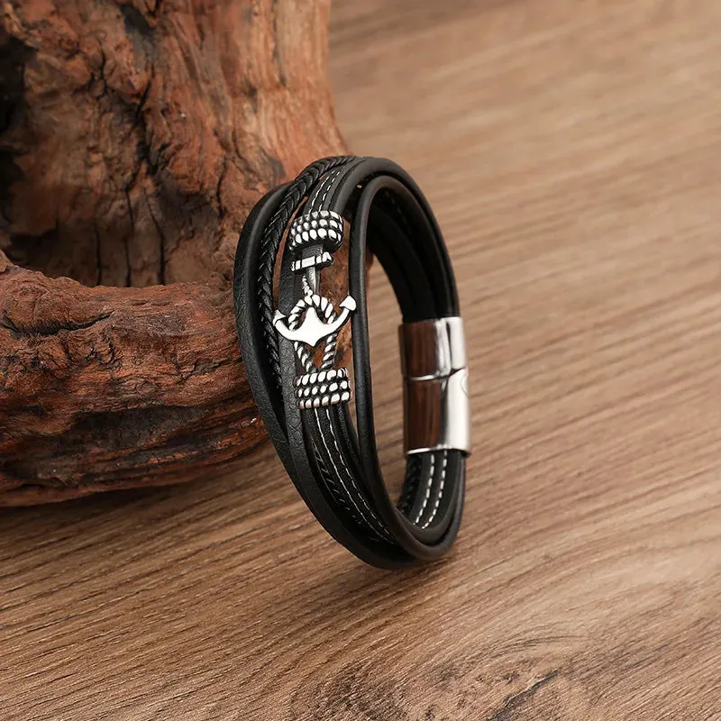 MKENDN Summer Navy Style Men Anchor Bracelet Handmade Woven Multilayer Leather Bracelets For Women Stainless Steel Sport Buckle