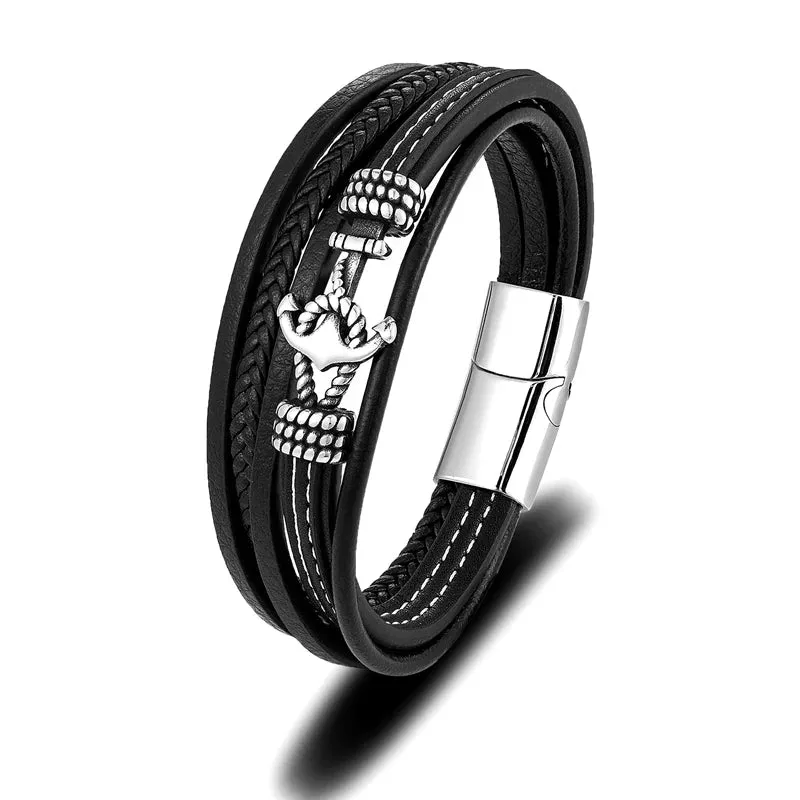MKENDN Summer Navy Style Men Anchor Bracelet Handmade Woven Multilayer Leather Bracelets For Women Stainless Steel Sport Buckle