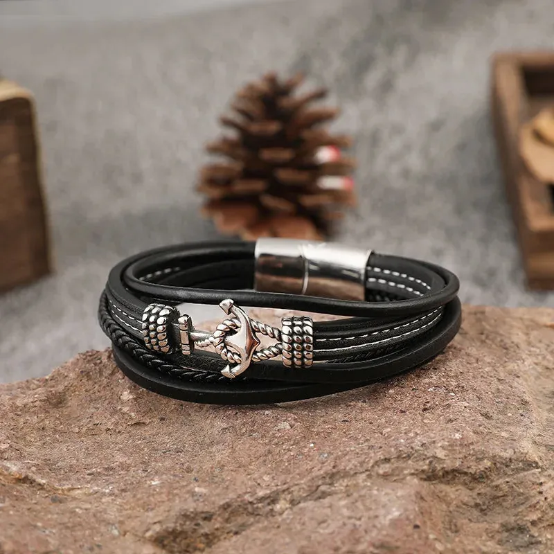 MKENDN Summer Navy Style Men Anchor Bracelet Handmade Woven Multilayer Leather Bracelets For Women Stainless Steel Sport Buckle