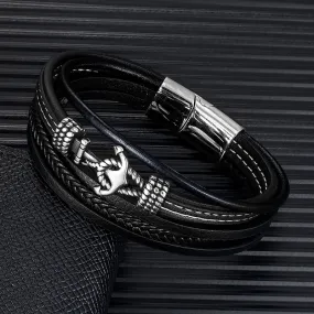 MKENDN Summer Navy Style Men Anchor Bracelet Handmade Woven Multilayer Leather Bracelets For Women Stainless Steel Sport Buckle