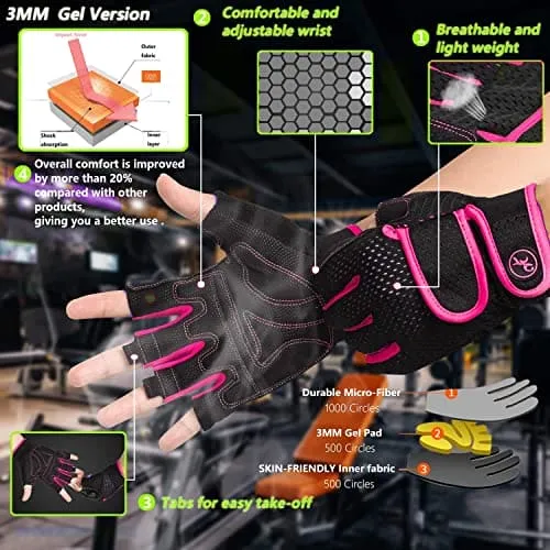 MOREOK Workout Gloves Gym Gloves for Men/Women, [3MM Gel Pad] [3/4 Finger] Weight Lifting Gloves Fitness Gloves for Powerlifting,Exercise,Fitness,Training Pink-L