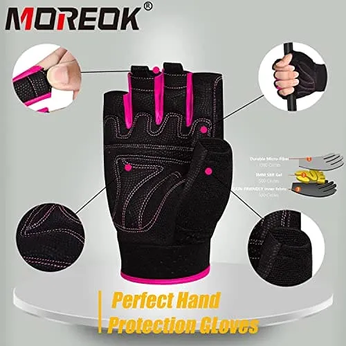 MOREOK Workout Gloves Gym Gloves for Men/Women, [3MM Gel Pad] [3/4 Finger] Weight Lifting Gloves Fitness Gloves for Powerlifting,Exercise,Fitness,Training Pink-L