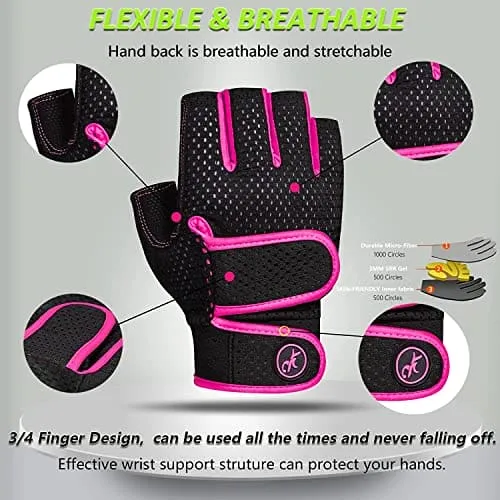 MOREOK Workout Gloves Gym Gloves for Men/Women, [3MM Gel Pad] [3/4 Finger] Weight Lifting Gloves Fitness Gloves for Powerlifting,Exercise,Fitness,Training Pink-L