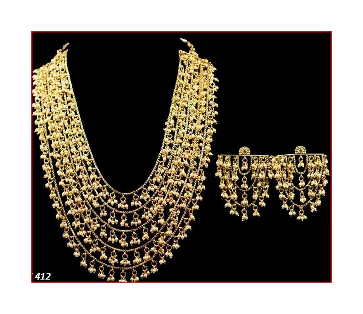 Multi Layered Gold plated Pearl Kundan Necklace Set With Earrings