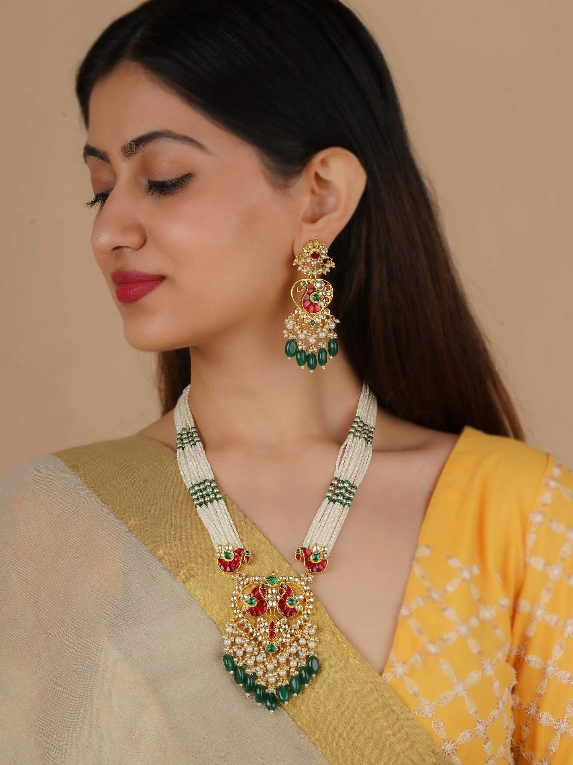 Multicolor Gold Plated Jadau Kundan Necklace Set - MS2260M