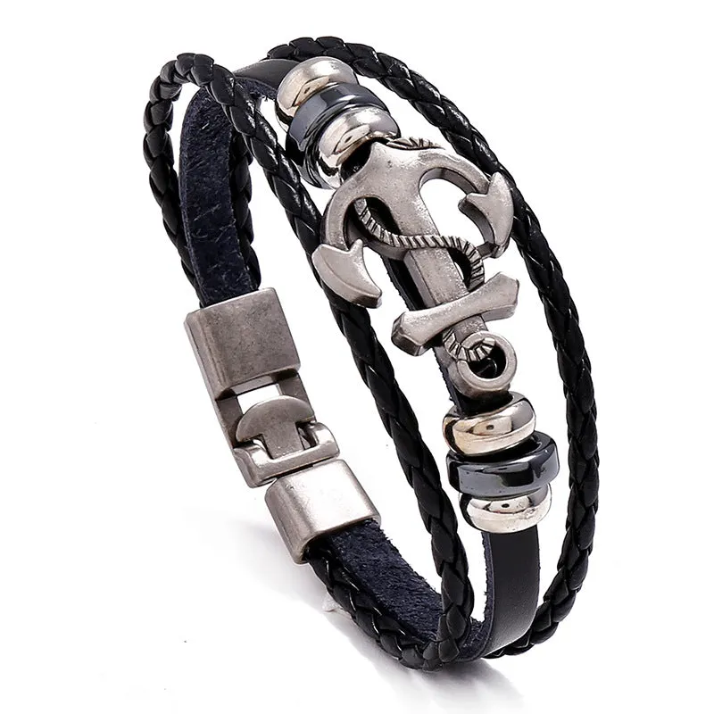 Ornament Simple Multi-Layer Woven Boat Anchor Cattle Leather Bracelet Fashion Popular Retro Male and Female Bracelets