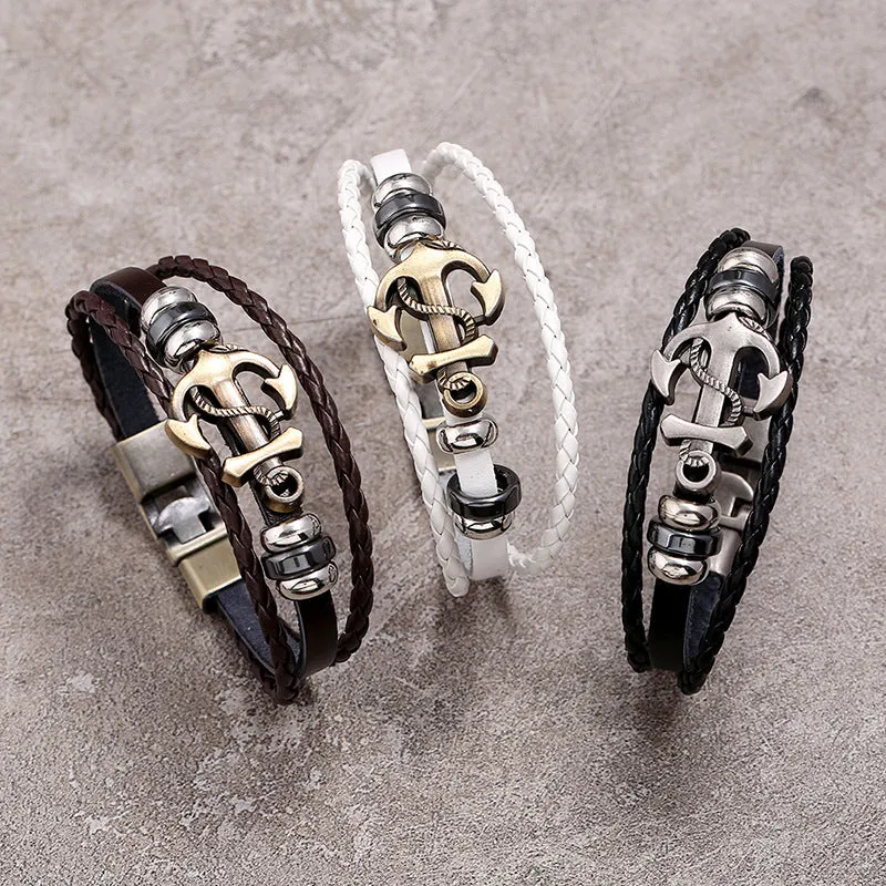 Ornament Simple Multi-Layer Woven Boat Anchor Cattle Leather Bracelet Fashion Popular Retro Male and Female Bracelets