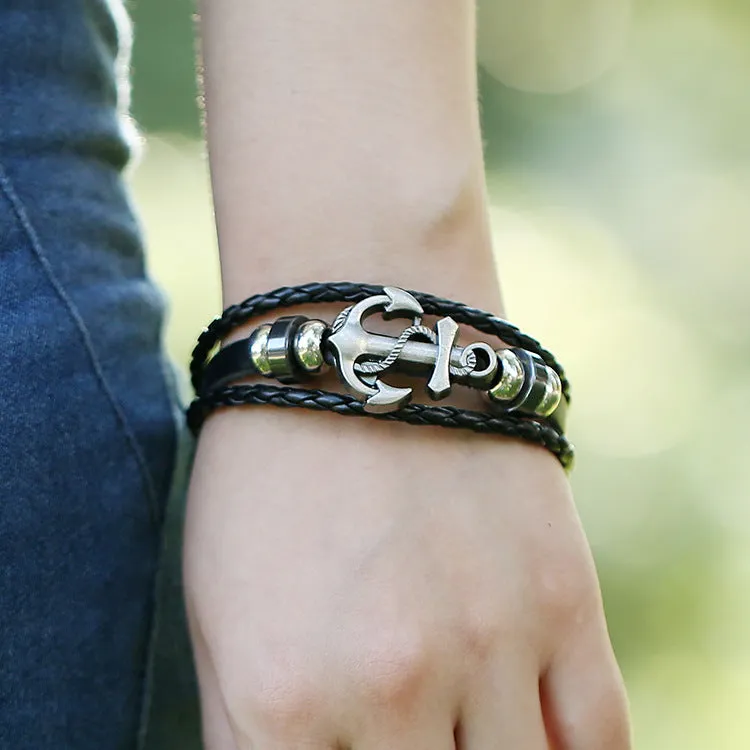 Ornament Simple Multi-Layer Woven Boat Anchor Cattle Leather Bracelet Fashion Popular Retro Male and Female Bracelets