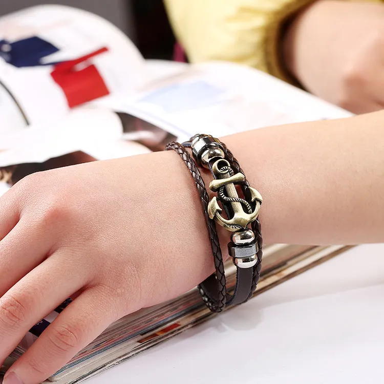 Ornament Simple Multi-Layer Woven Boat Anchor Cattle Leather Bracelet Fashion Popular Retro Male and Female Bracelets