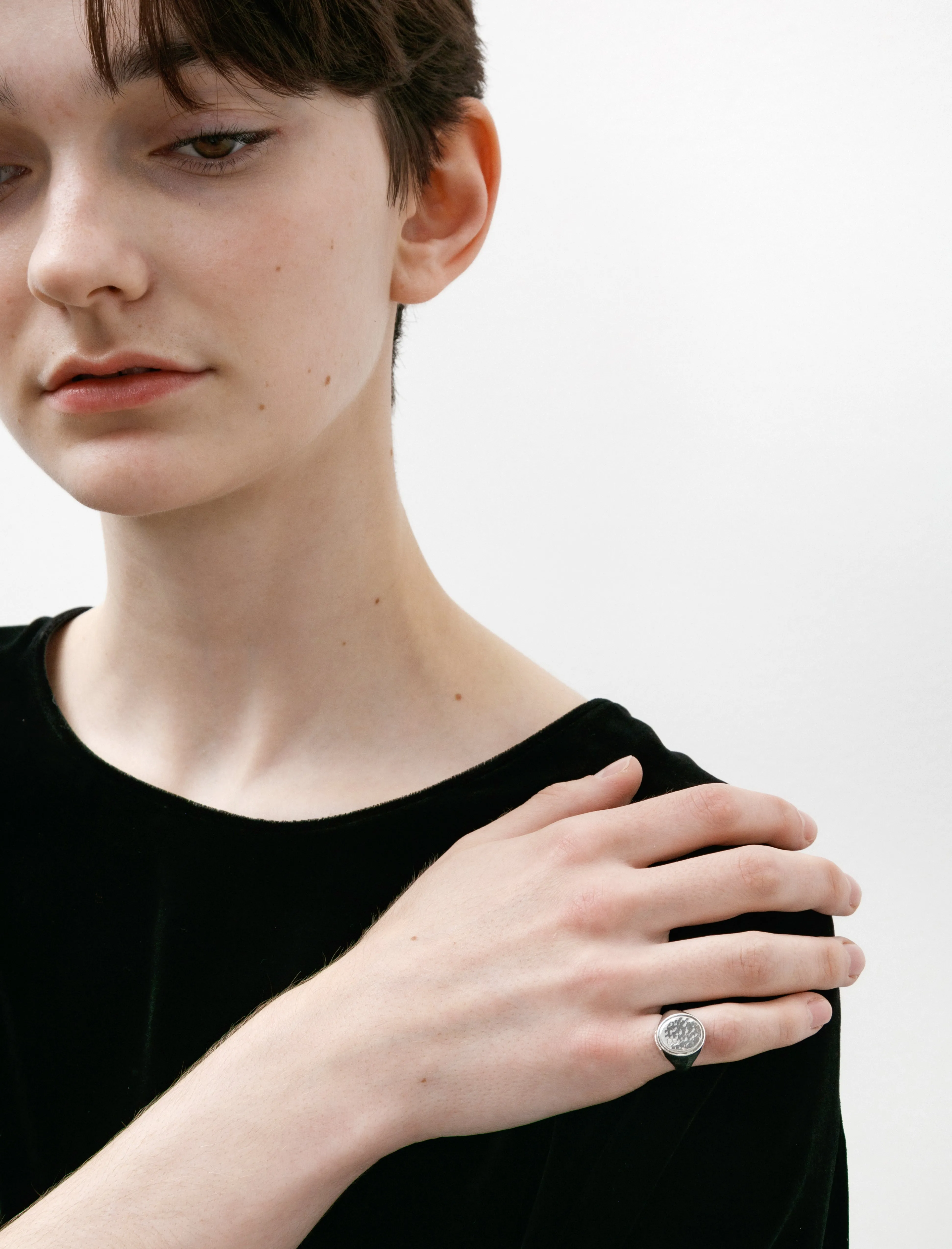 Oval Signet Ring W Hammered Silver