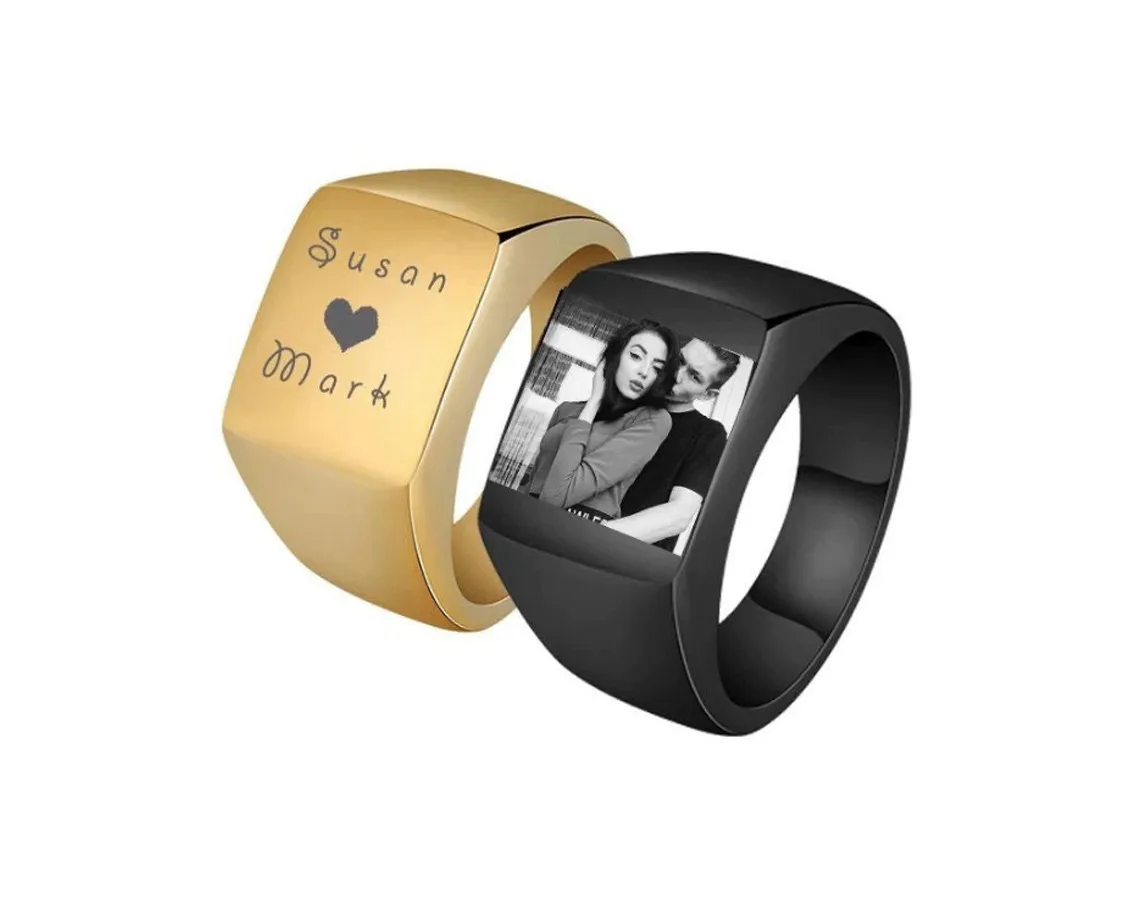Personalized Photo Ring - Custom Engraved Mens Signet Ring Women Name Ring Engraving From Photo Family Fathers Day Gift Boyfriend Husband