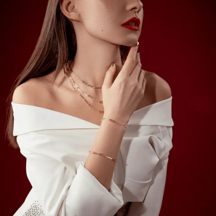 Real Gold Long Round Paper Clip Chain Bracelet Link Length 1.7 C.M 9482 (19 C.M) BR1584
