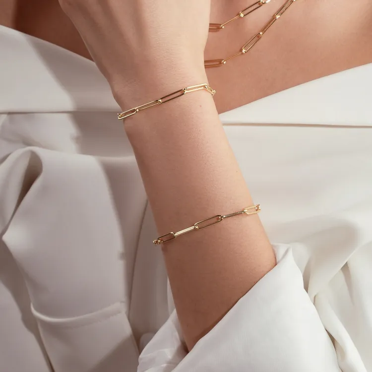 Real Gold Long Round Paper Clip Chain Bracelet Link Length 1.7 C.M 9482 (19 C.M) BR1584