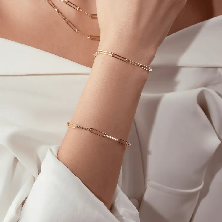 Real Gold Long Round Paper Clip Chain Bracelet Link Length 1.7 C.M 9482 (19 C.M) BR1584
