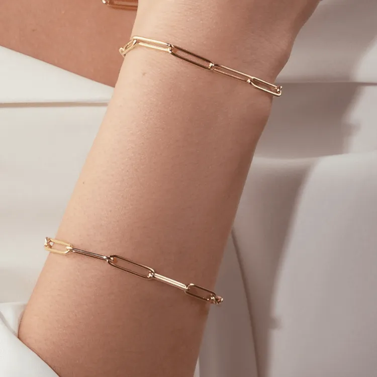 Real Gold Long Round Paper Clip Chain Bracelet Link Length 1.7 C.M 9482 (19 C.M) BR1584