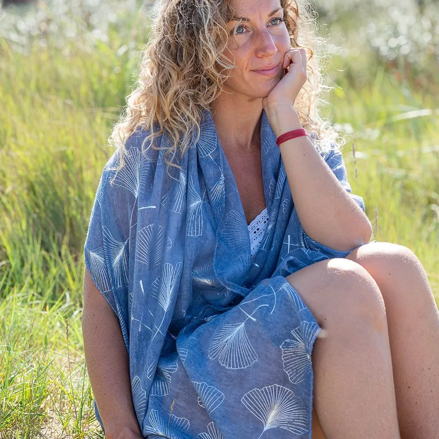 Recycled blue and metallic silver ginkgo print scarf